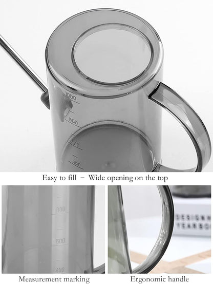Plastic Watering Can, Plant Watering Can with Stainless Steel Long Spout, 1L/34oz Clear Measurement Markings, Long Spout Watering Can for Indoor Plants, House Plants and Flowers Easy Fill-Grey