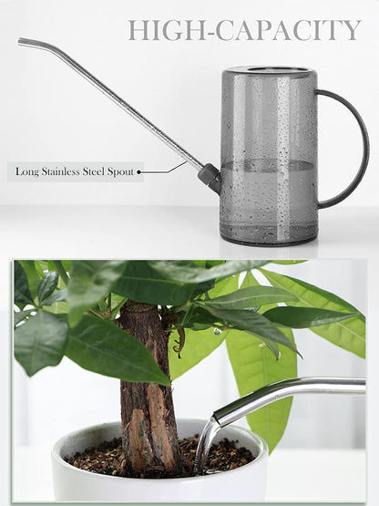 Plastic Watering Can, Plant Watering Can with Stainless Steel Long Spout, 1L/34oz Clear Measurement Markings, Long Spout Watering Can for Indoor Plants, House Plants and Flowers Easy Fill-Grey