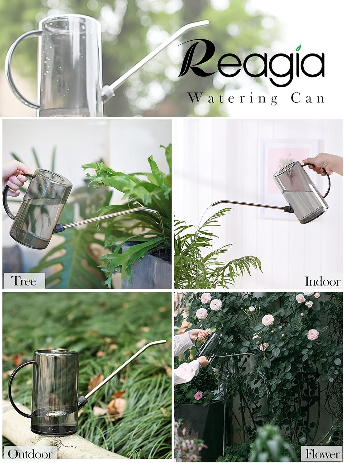 Plastic Watering Can, Plant Watering Can with Stainless Steel Long Spout, 1L/34oz Clear Measurement Markings, Long Spout Watering Can for Indoor Plants, House Plants and Flowers Easy Fill-Grey