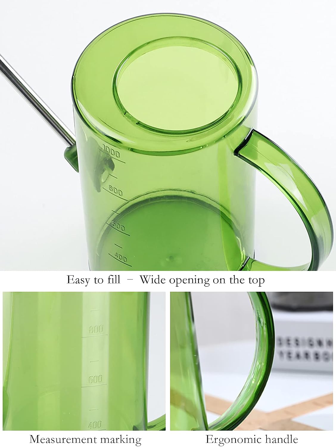 Plastic Watering Can, Plant Watering Can with Stainless Steel Long Spout, 1L/34oz Clear Measurement Markings, Long Spout Watering Can for Indoor Plants, House Plants and Flowers Easy Fill-Grey