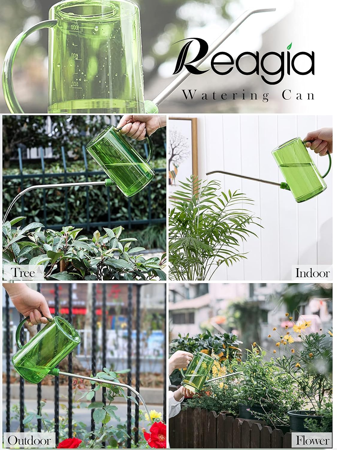 Plastic Watering Can, Plant Watering Can with Stainless Steel Long Spout, 1L/34oz Clear Measurement Markings, Long Spout Watering Can for Indoor Plants, House Plants and Flowers Easy Fill-Grey