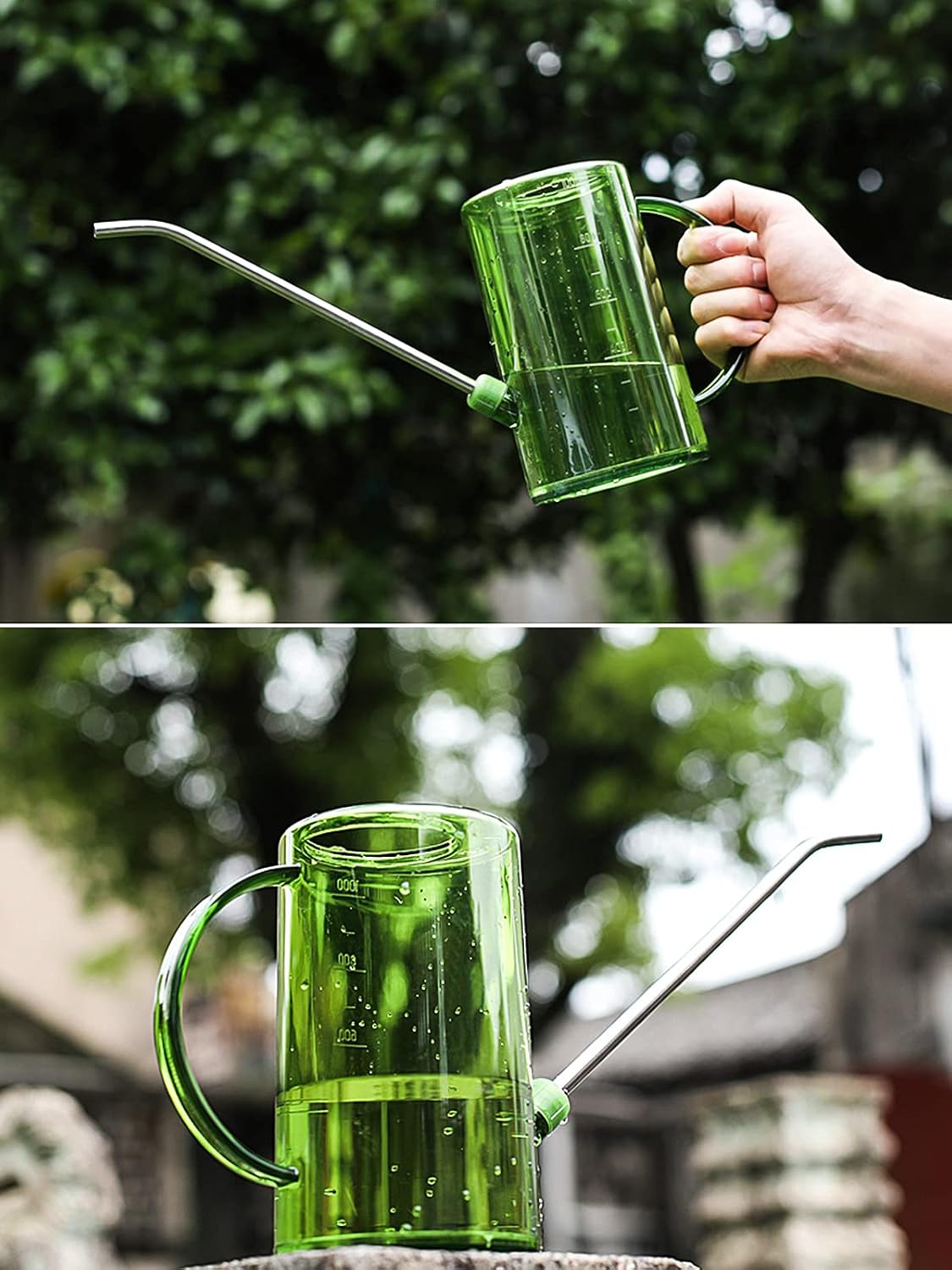 Plastic Watering Can, Plant Watering Can with Stainless Steel Long Spout, 1L/34oz Clear Measurement Markings, Long Spout Watering Can for Indoor Plants, House Plants and Flowers Easy Fill-Grey