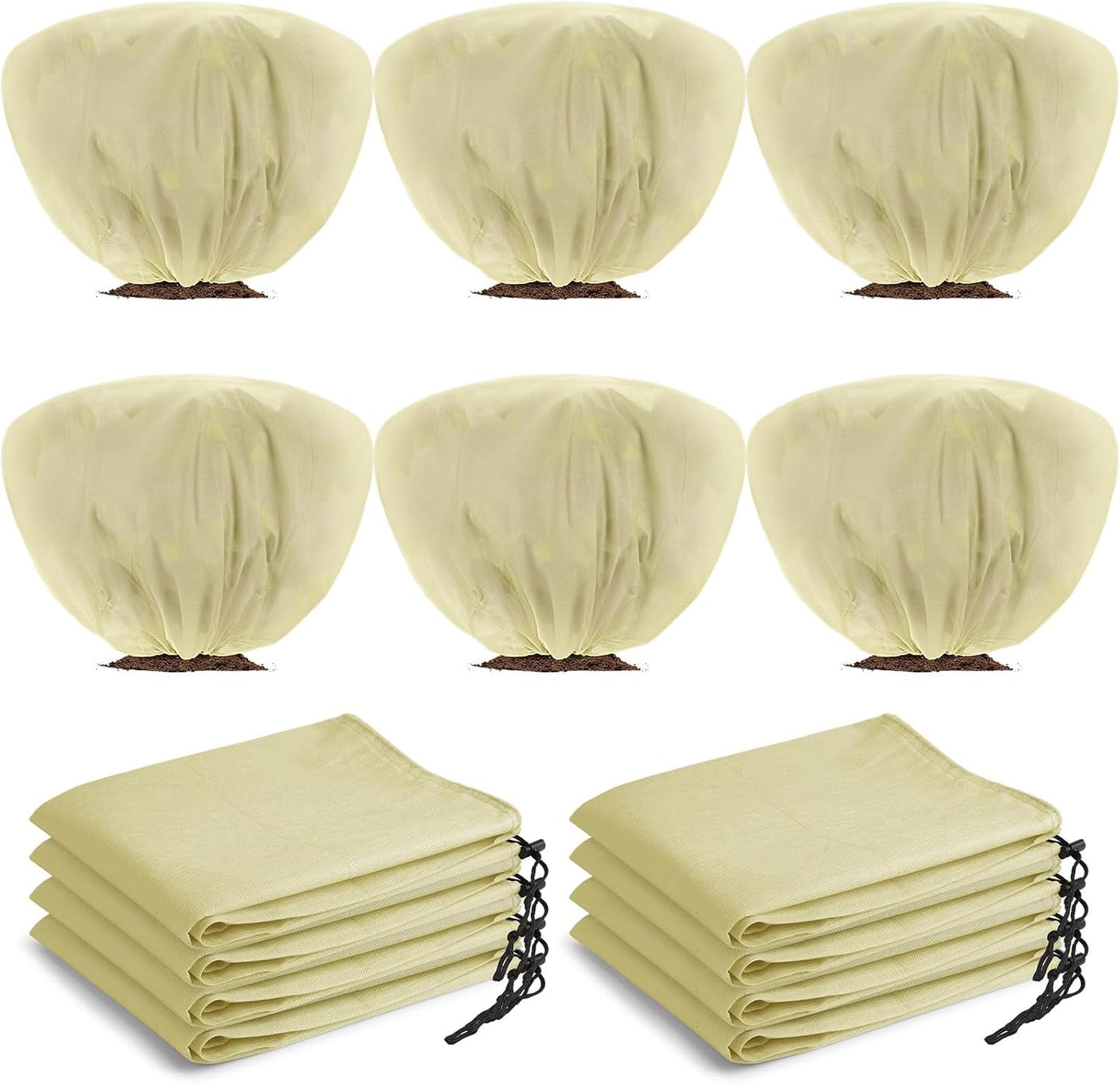 12 Pcs Winter Plant Covers Freeze Protection 39.4x23.6 Inch Horizontal Shrub Tree Rose Plant Protection Bags Frost Blanket with Drawstring for Fall Winter Outdoor Garden Planting (Beige)