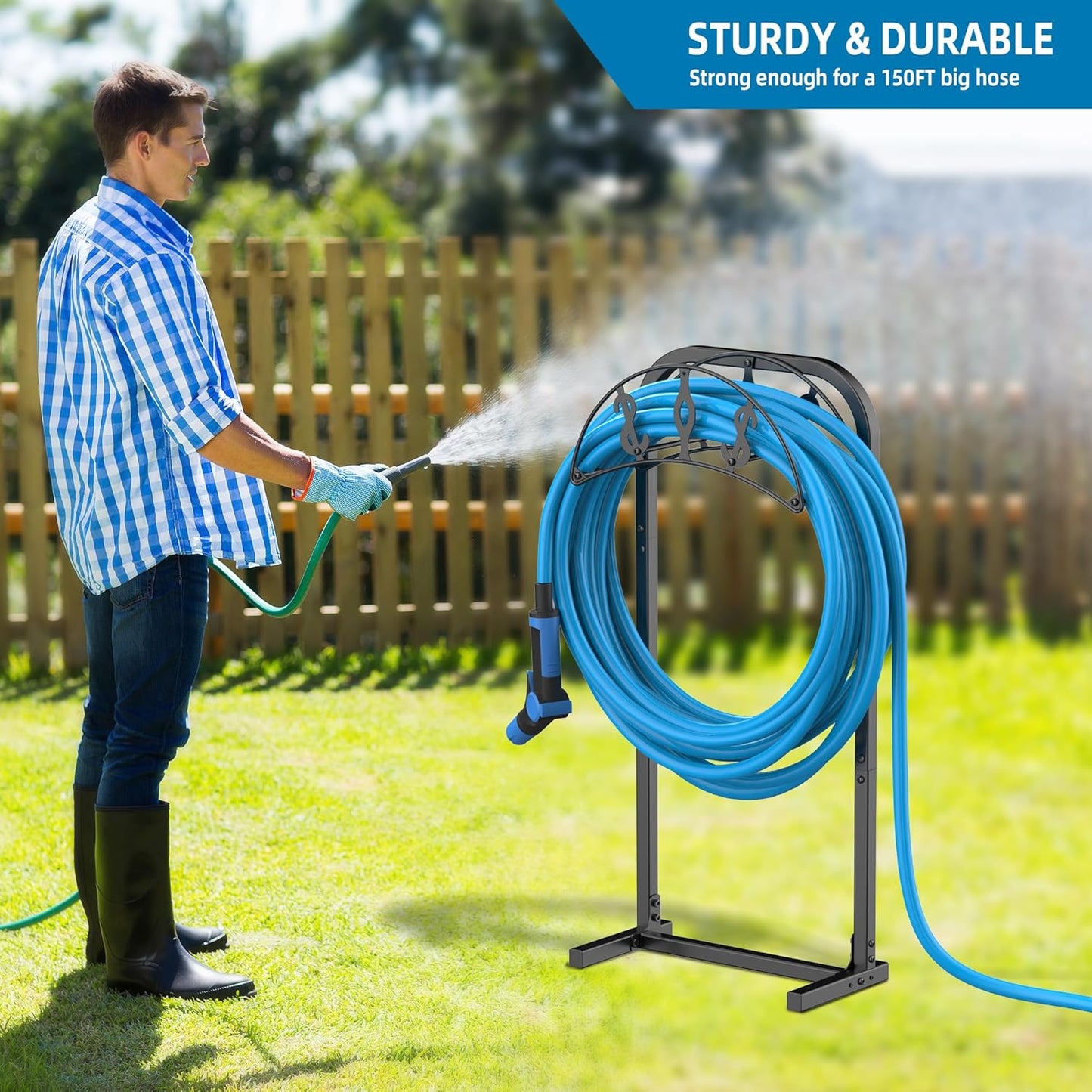 Garden Hose Holder, Water Hose Holder with 4 Spikes, Hose Reel Holds 150ft Hose, Freestanding, Heavy Duty Hose Stand Hose Hanger Hose Storage Hose Organizer for Outside Lawn Yard