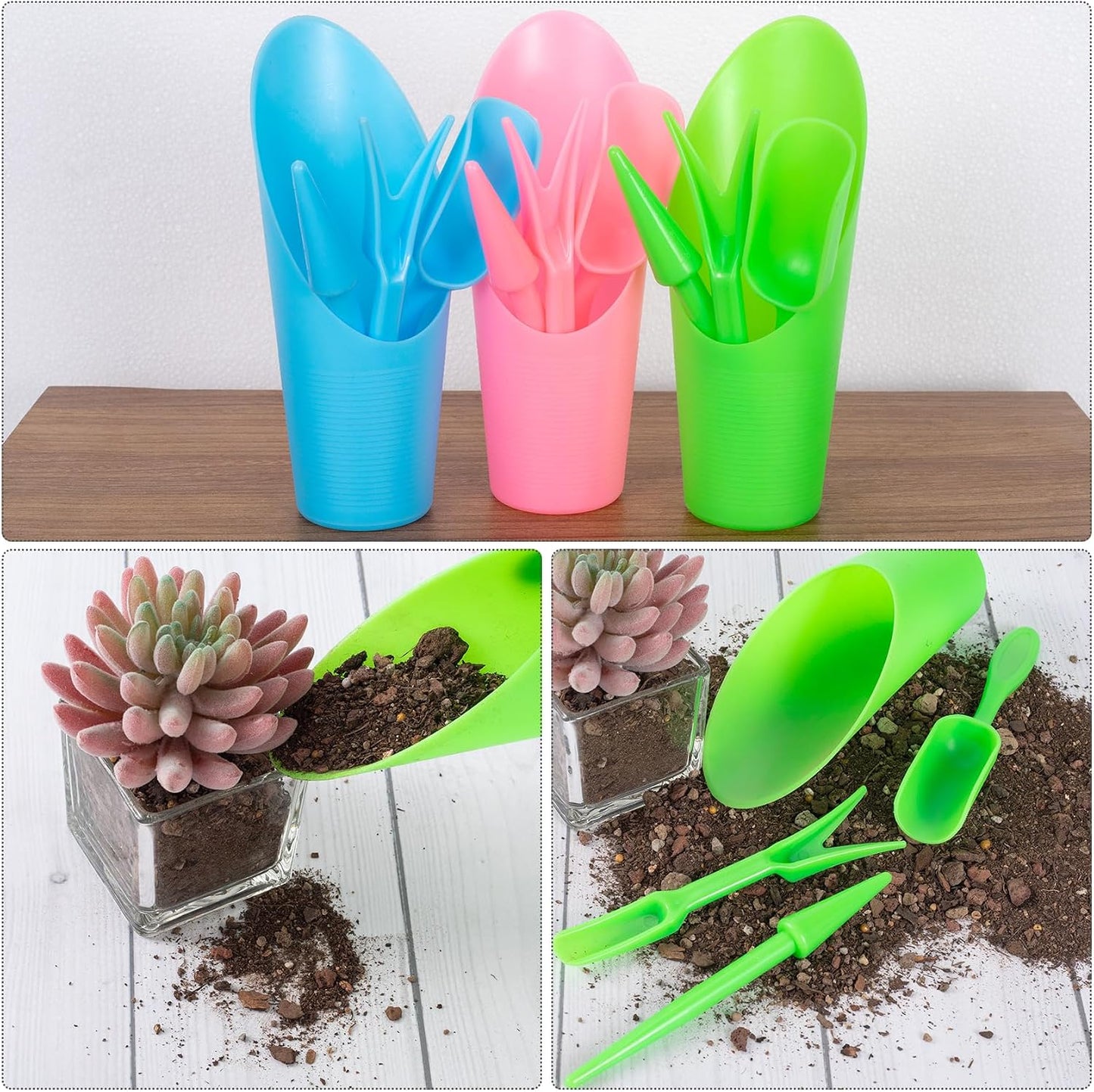 12pcs Garden Shovel Hand Tools Transplanting Succulent Cultivation Digging Scoops Kits Plastic for Flower Planting Bonsai Potting Soil Indoor(Pink Blue Green)