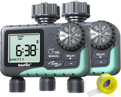 Water Timer for Garden Hose - 2 Zone Sprinkler Timer with Rain Delay/Manual Watering/Automatic Irrigation for Yard Lawn