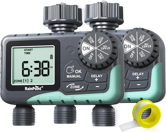 Water Timer for Garden Hose - 2 Zone Sprinkler Timer with Rain Delay/Manual Watering/Automatic Irrigation for Yard Lawn