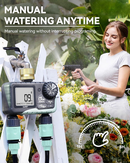 Water Timer for Garden Hose - 2 Zone Sprinkler Timer with Rain Delay/Manual Watering/Automatic Irrigation for Yard Lawn