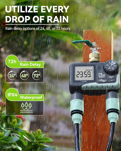 Water Timer for Garden Hose - 2 Zone Sprinkler Timer with Rain Delay/Manual Watering/Automatic Irrigation for Yard Lawn