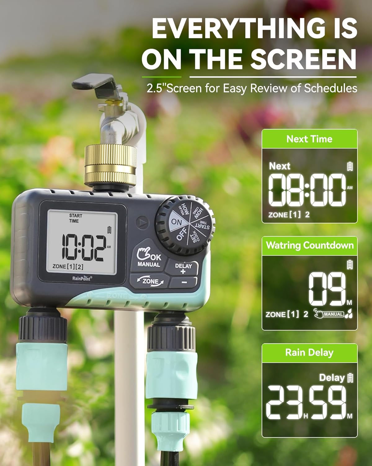 Water Timer for Garden Hose - 2 Zone Sprinkler Timer with Rain Delay/Manual Watering/Automatic Irrigation for Yard Lawn