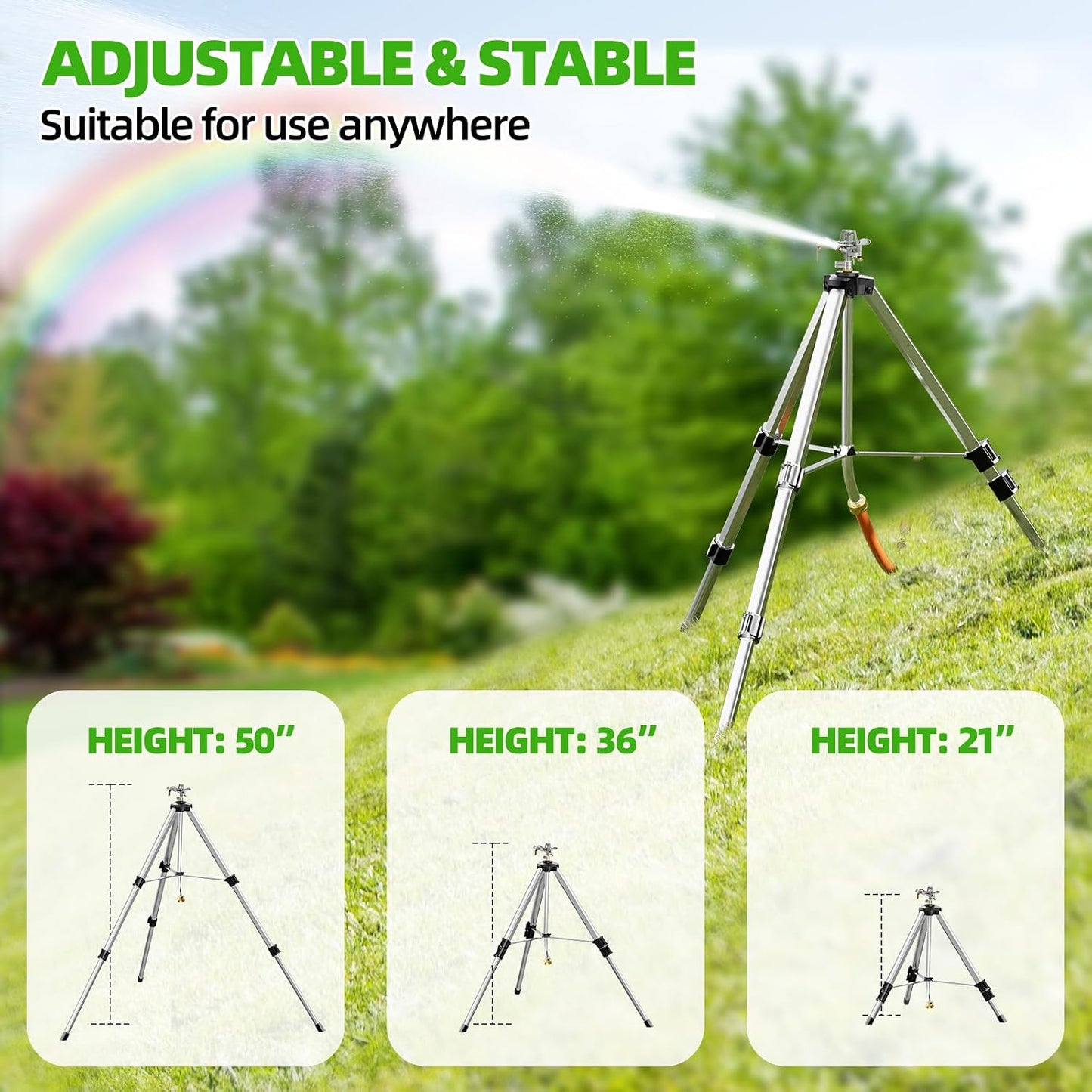 Brass Impact Sprinkler on Tripod Base, Waters up to 90ft, 50 inch