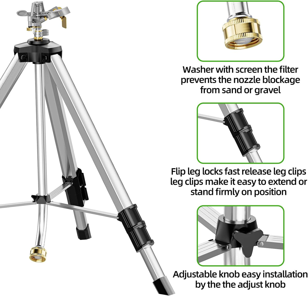 Brass Impact Sprinkler on Tripod Base, Waters up to 90ft, 50 inch
