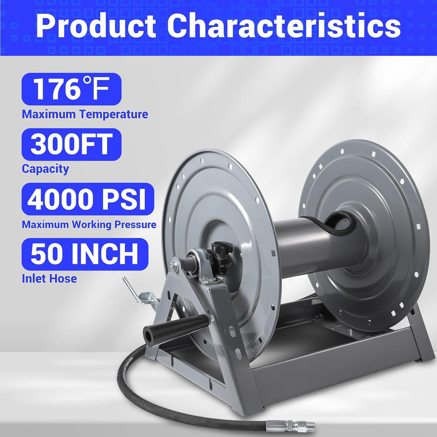 Pressure Washer Hose Reel 300ft x 3/8" / 500ft x 1/4", Heavy Duty