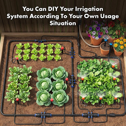 Drip Irrigation System 230FT Quick-Connect Drip Irrigation Kit with 1/4 inch 1/2 inch Irrigation Tubing Hose and Accessories for Lawn Raised Bed Greenhouse Plant Watering System