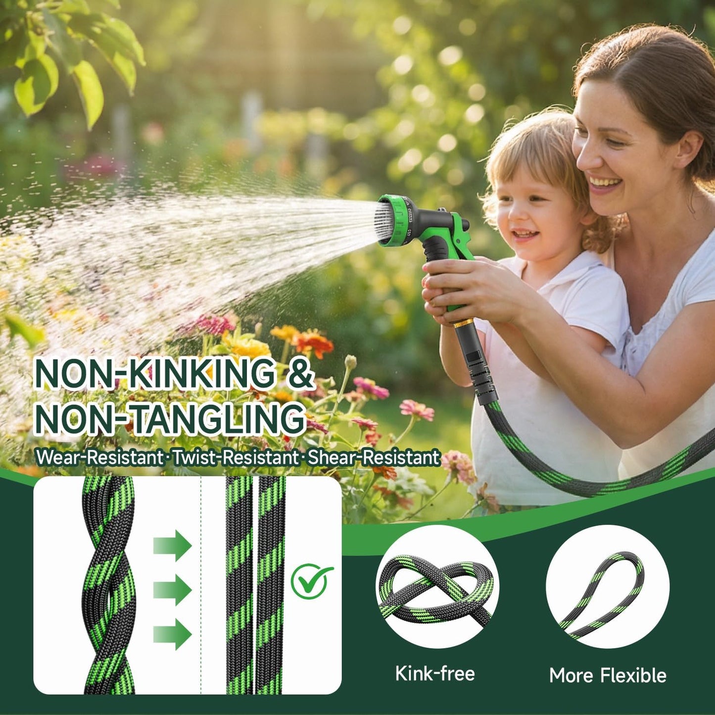 Non-Expandable 50 FT, Heavy-Duty & Flexible Water Hose with 10-Function Nozzle, Kink-Free & Leak-Proof Design, Ultra Lightweight Portable Yard Hose for Lawn, Car, Outdoor Use