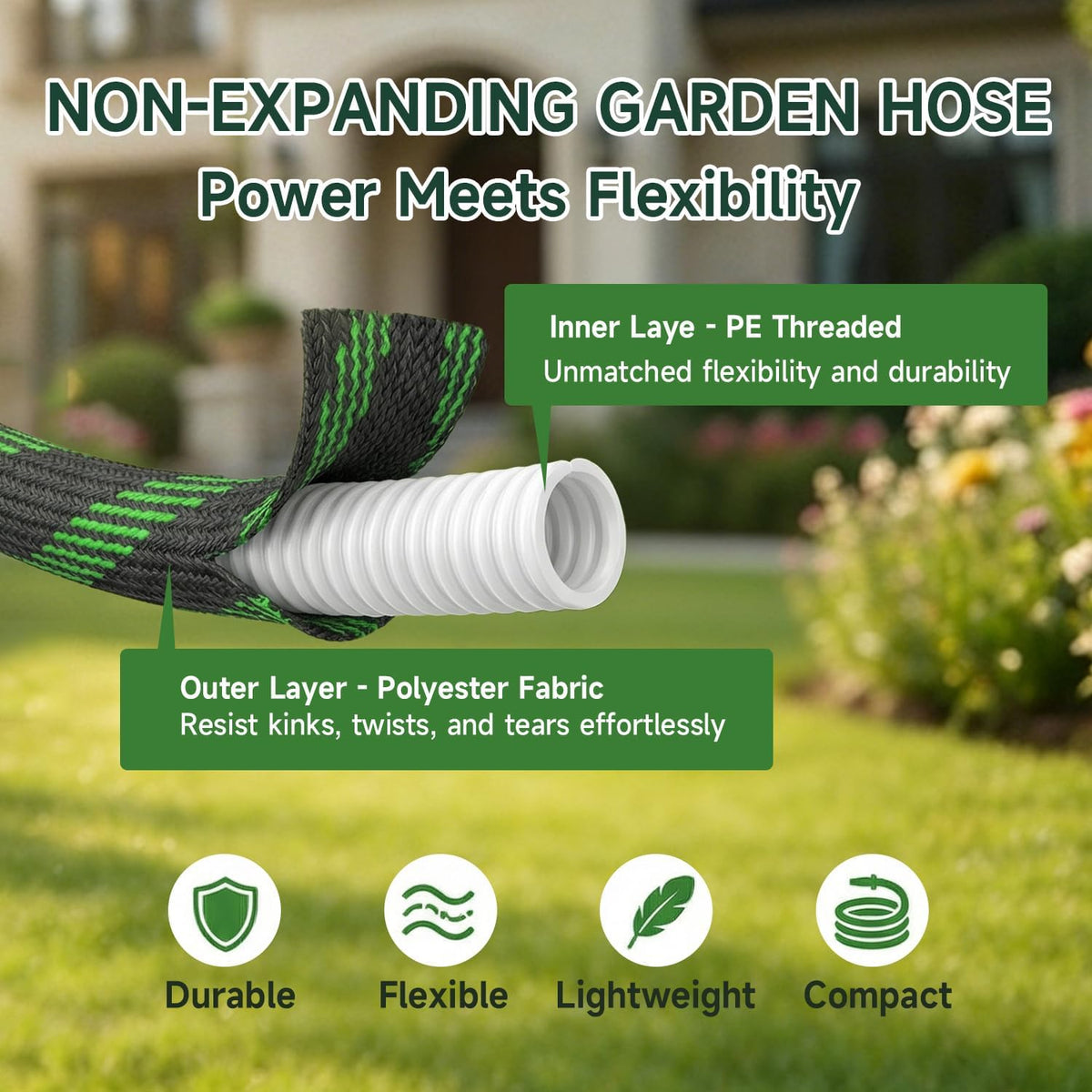 Non-Expandable 50 FT, Heavy-Duty & Flexible Water Hose with 10-Function Nozzle, Kink-Free & Leak-Proof Design, Ultra Lightweight Portable Yard Hose for Lawn, Car, Outdoor Use
