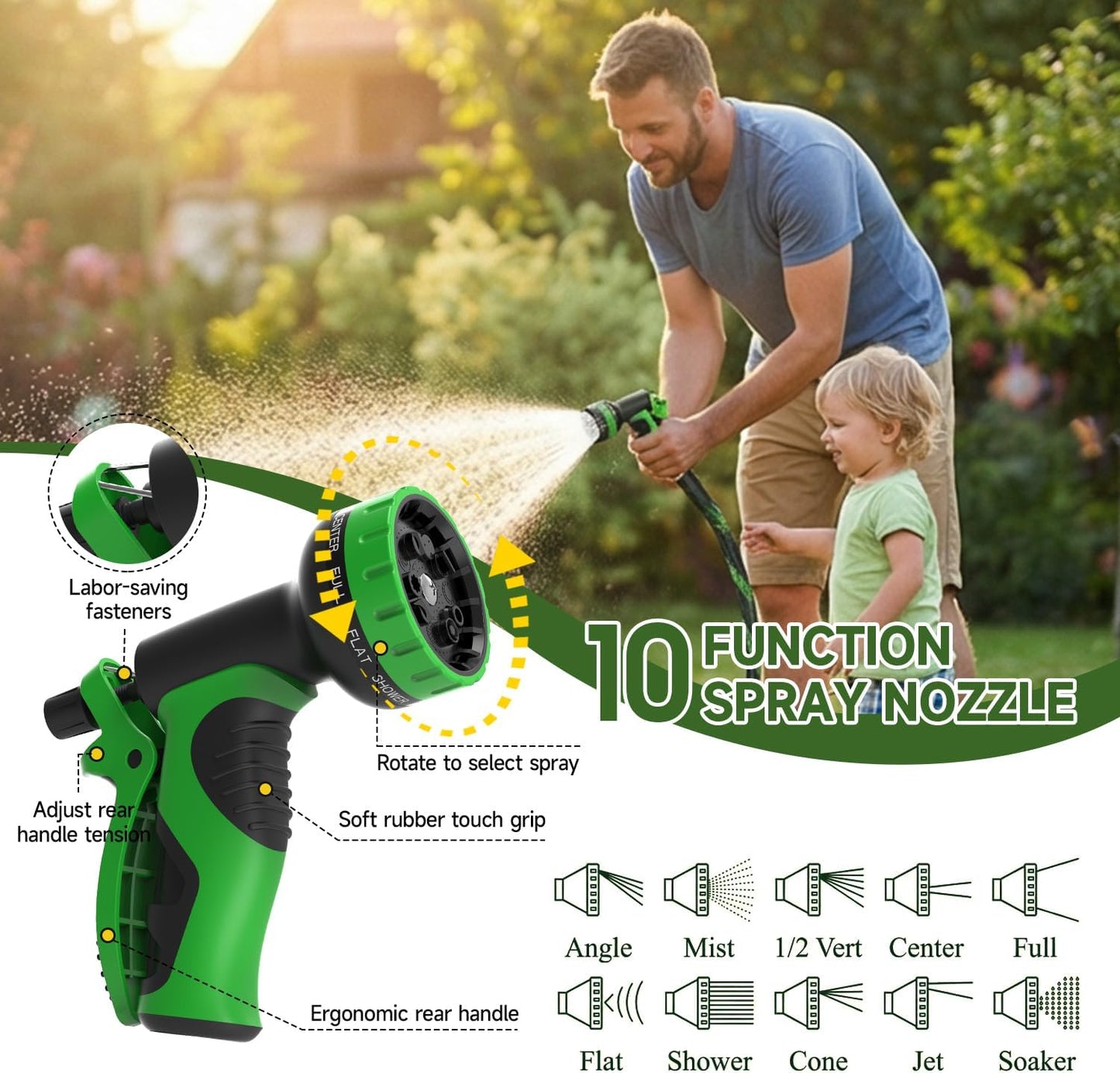 Non-Expandable 50 FT, Heavy-Duty & Flexible Water Hose with 10-Function Nozzle, Kink-Free & Leak-Proof Design, Ultra Lightweight Portable Yard Hose for Lawn, Car, Outdoor Use