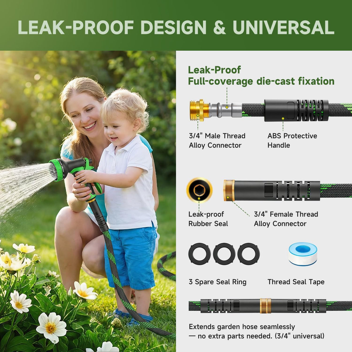 Non-Expandable 50 FT, Heavy-Duty & Flexible Water Hose with 10-Function Nozzle, Kink-Free & Leak-Proof Design, Ultra Lightweight Portable Yard Hose for Lawn, Car, Outdoor Use