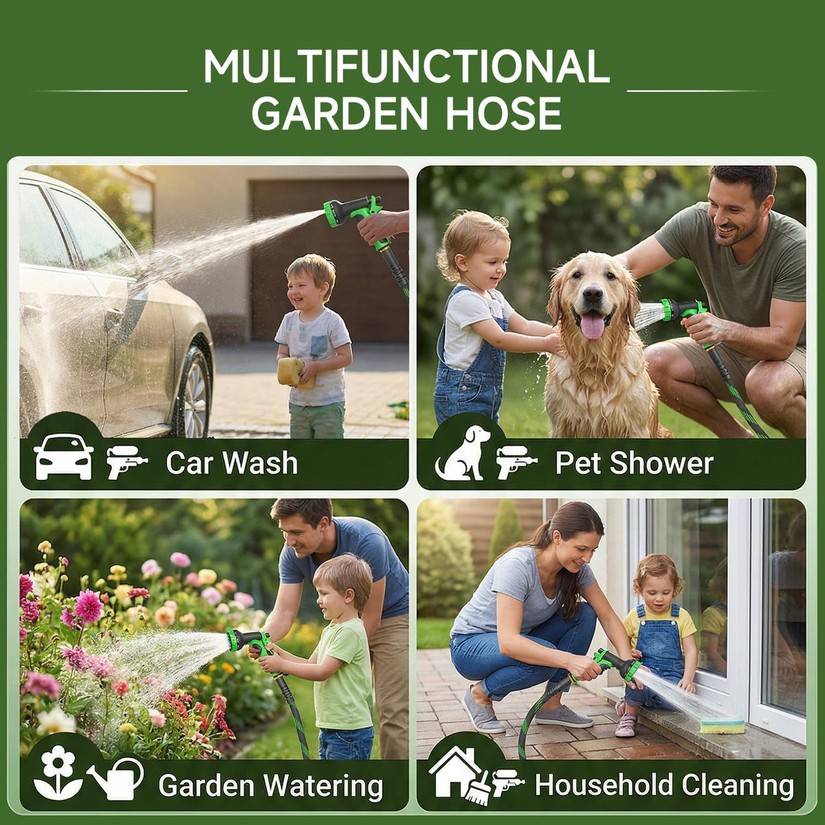 Non-Expandable 50 FT, Heavy-Duty & Flexible Water Hose with 10-Function Nozzle, Kink-Free & Leak-Proof Design, Ultra Lightweight Portable Yard Hose for Lawn, Car, Outdoor Use