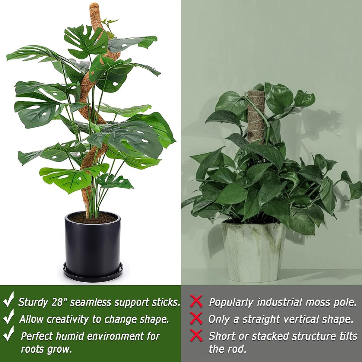 2-Pack 28" Bendable Moss Pole for Monstera, Rust-Free Aluminum Core Plant Support Stakes, Sturdy Stakes to Train & Grow Indoor Climbing Plants Upright (13.2ft Jute Rope Included)