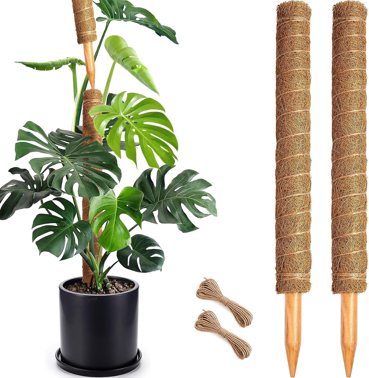 2-Pack 28" Bendable Moss Pole for Monstera, Rust-Free Aluminum Core Plant Support Stakes, Sturdy Stakes to Train & Grow Indoor Climbing Plants Upright (13.2ft Jute Rope Included)