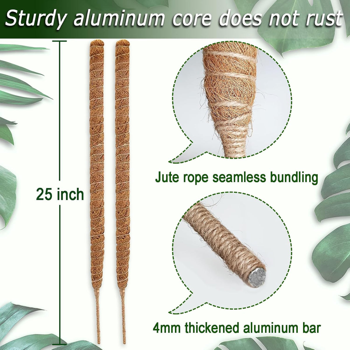 2-Pack 28" Bendable Moss Pole for Monstera, Rust-Free Aluminum Core Plant Support Stakes, Sturdy Stakes to Train & Grow Indoor Climbing Plants Upright (13.2ft Jute Rope Included)