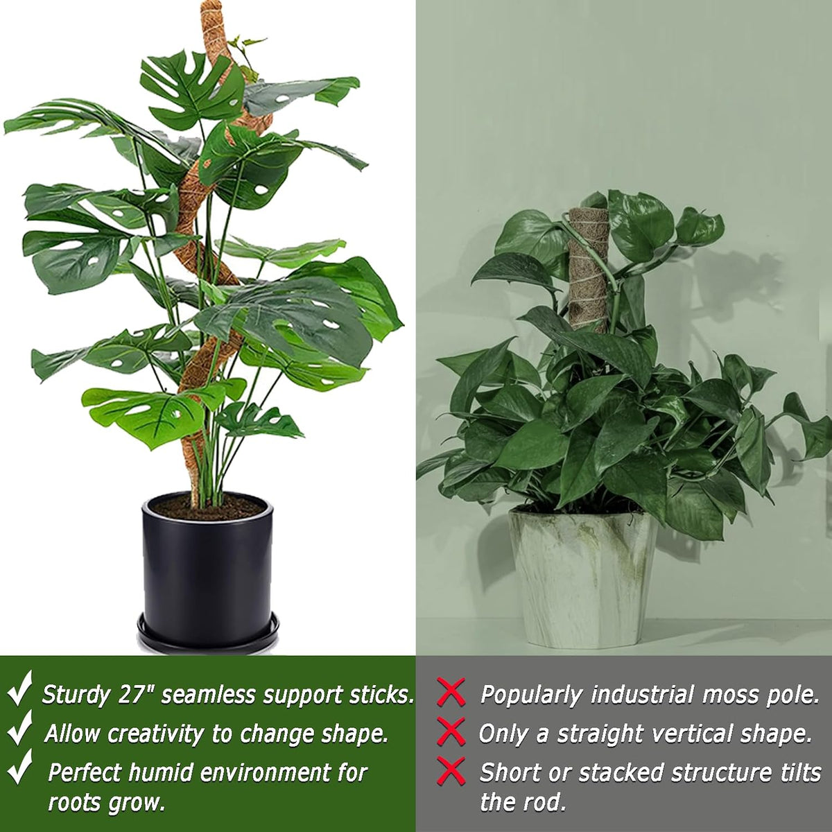 2-Pack 28" Bendable Moss Pole for Monstera, Rust-Free Aluminum Core Plant Support Stakes, Sturdy Stakes to Train & Grow Indoor Climbing Plants Upright (13.2ft Jute Rope Included)