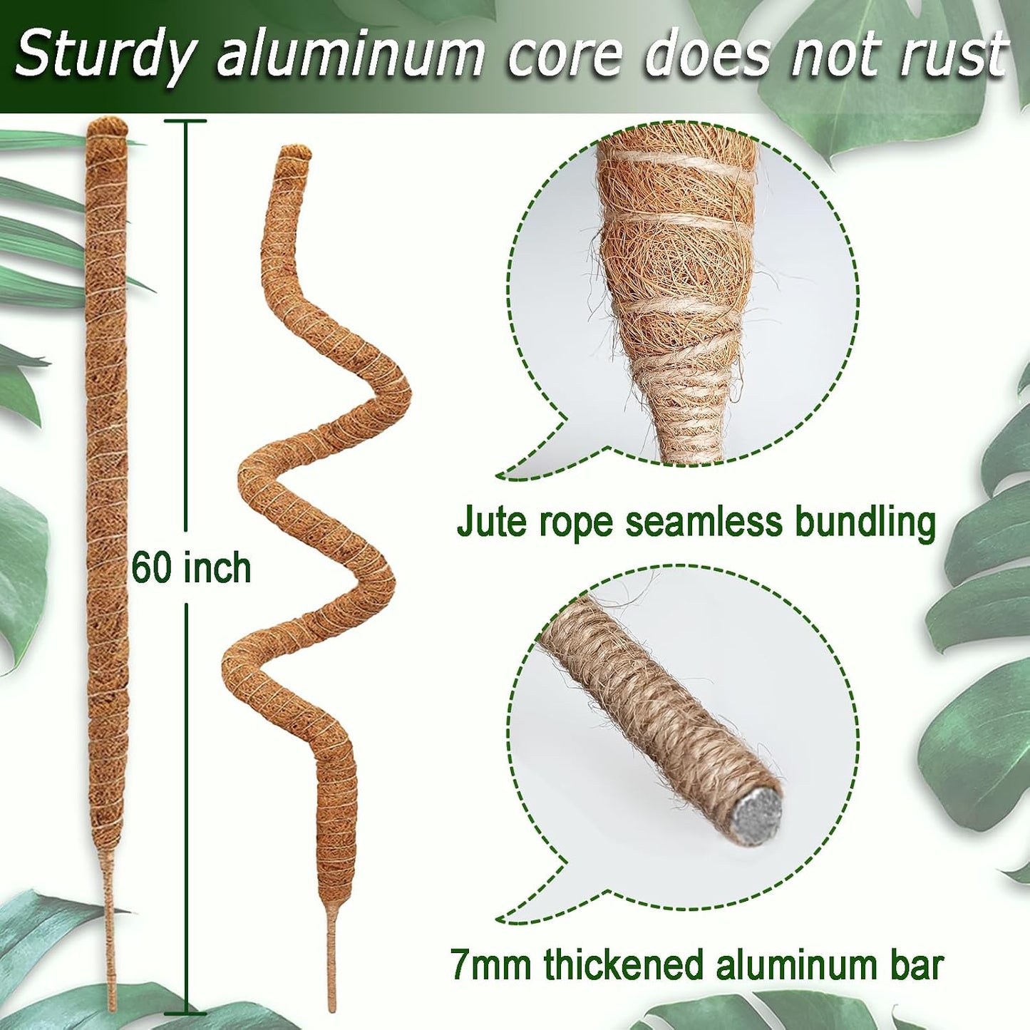 2-Pack 28" Bendable Moss Pole for Monstera, Rust-Free Aluminum Core Plant Support Stakes, Sturdy Stakes to Train & Grow Indoor Climbing Plants Upright (13.2ft Jute Rope Included)