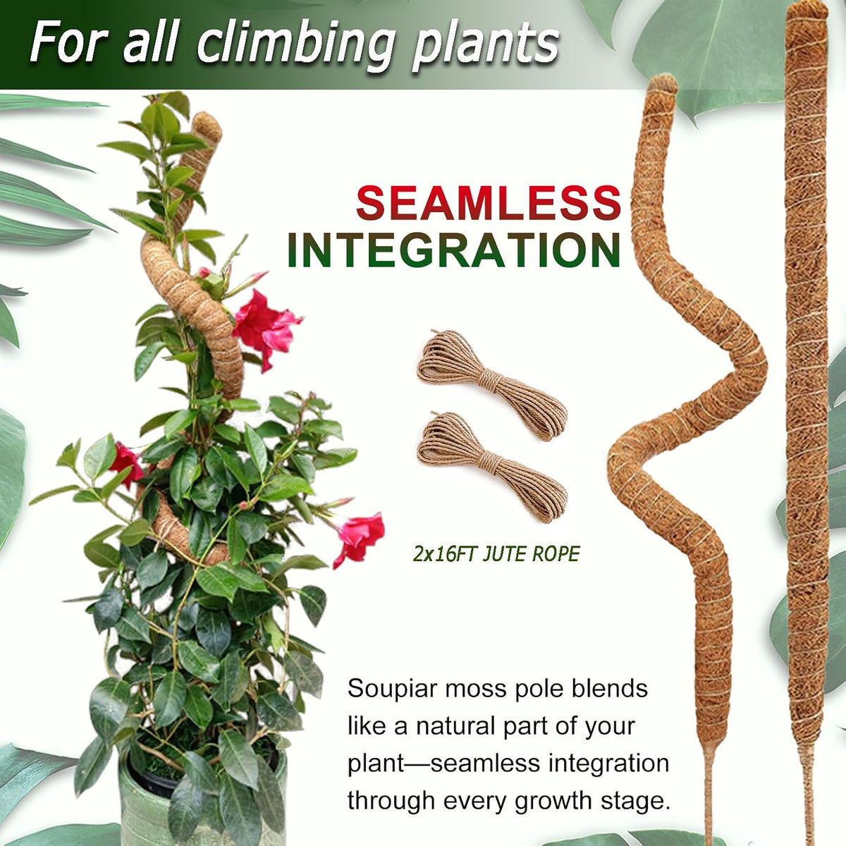2-Pack 28" Bendable Moss Pole for Monstera, Rust-Free Aluminum Core Plant Support Stakes, Sturdy Stakes to Train & Grow Indoor Climbing Plants Upright (13.2ft Jute Rope Included)