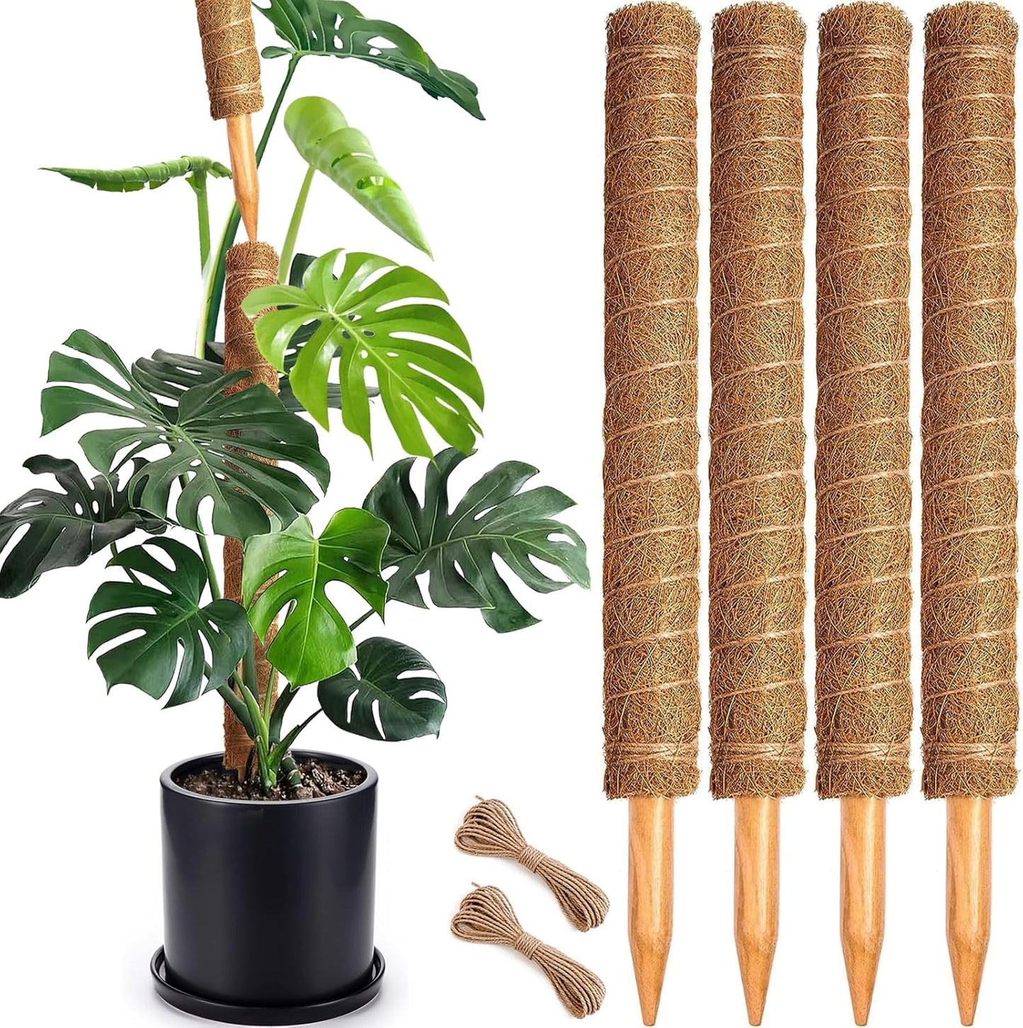 2-Pack 28" Bendable Moss Pole for Monstera, Rust-Free Aluminum Core Plant Support Stakes, Sturdy Stakes to Train & Grow Indoor Climbing Plants Upright (13.2ft Jute Rope Included)