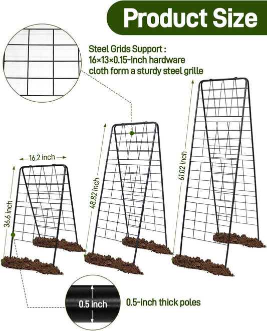 60"x16.2" Heavy Duty Steel A-Frame Garden Trellis for Climbing Plants – Rust-Proof Metal Trellis with Hardware Cloth, Perfect for Raised Beds,Cucumbers,Tomatoes & Outdoor Vines (Black)