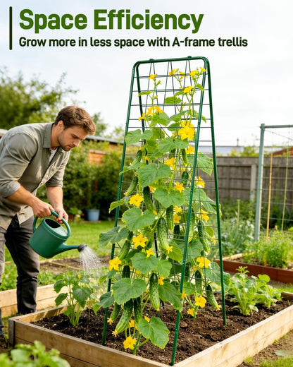60"x16.2" Heavy Duty Steel A-Frame Garden Trellis for Climbing Plants – Rust-Proof Metal Trellis with Hardware Cloth, Perfect for Raised Beds,Cucumbers,Tomatoes & Outdoor Vines (Black)
