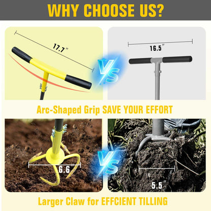 Hand Tiller for Gardening, Garden Claw Manual Tiller with Ergomomic Handle, Steel Cultivator Tiller Lawn Aerator Tool Soil Lossener for Gardening Bed and Plant Box