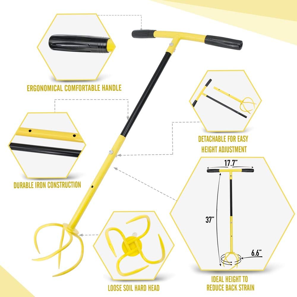 Hand Tiller for Gardening, Garden Claw Manual Tiller with Ergomomic Handle, Steel Cultivator Tiller Lawn Aerator Tool Soil Lossener for Gardening Bed and Plant Box