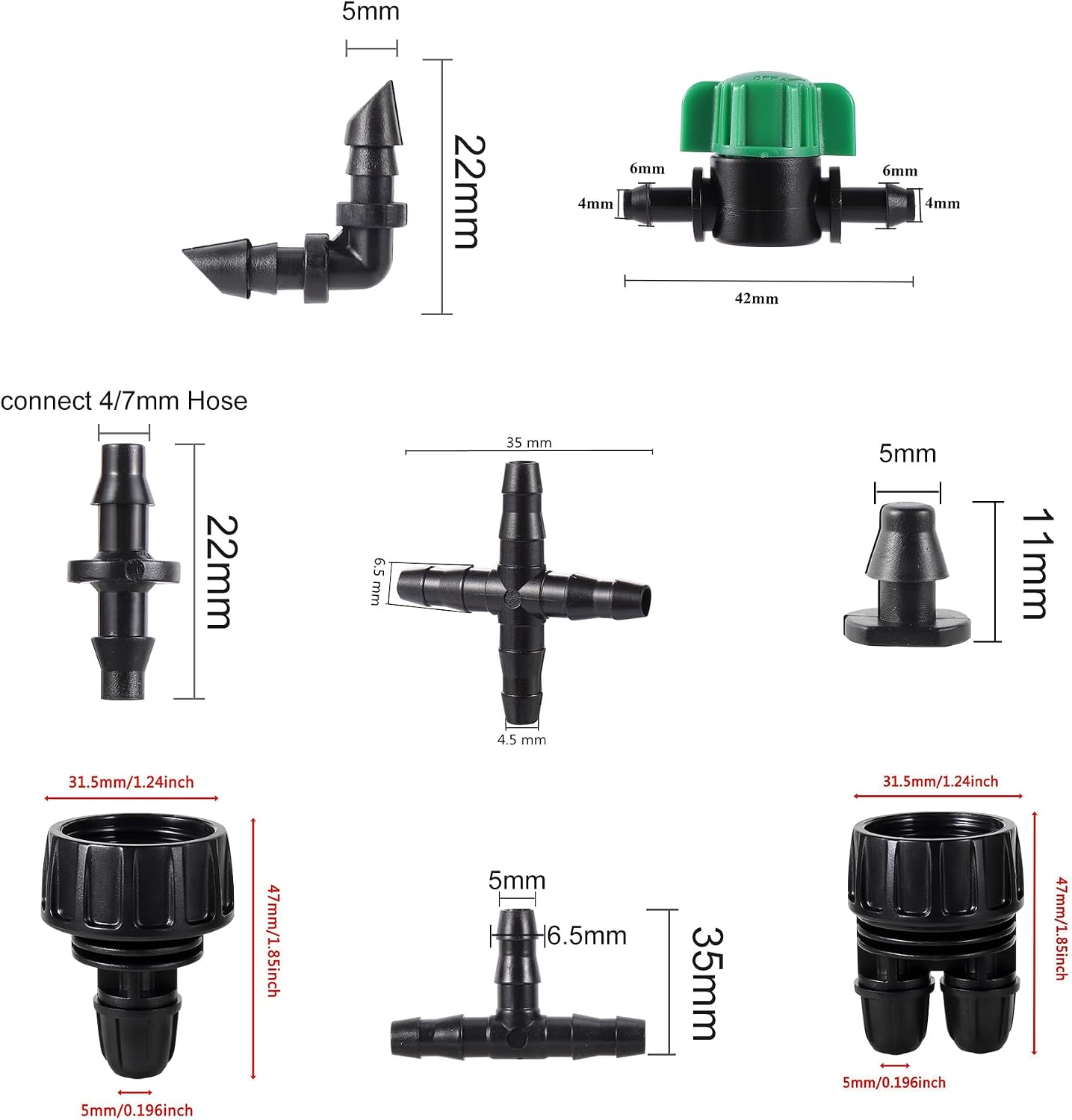 1/4 Barbed Connectors Irrigation Fittings Kits, 128 Pcs