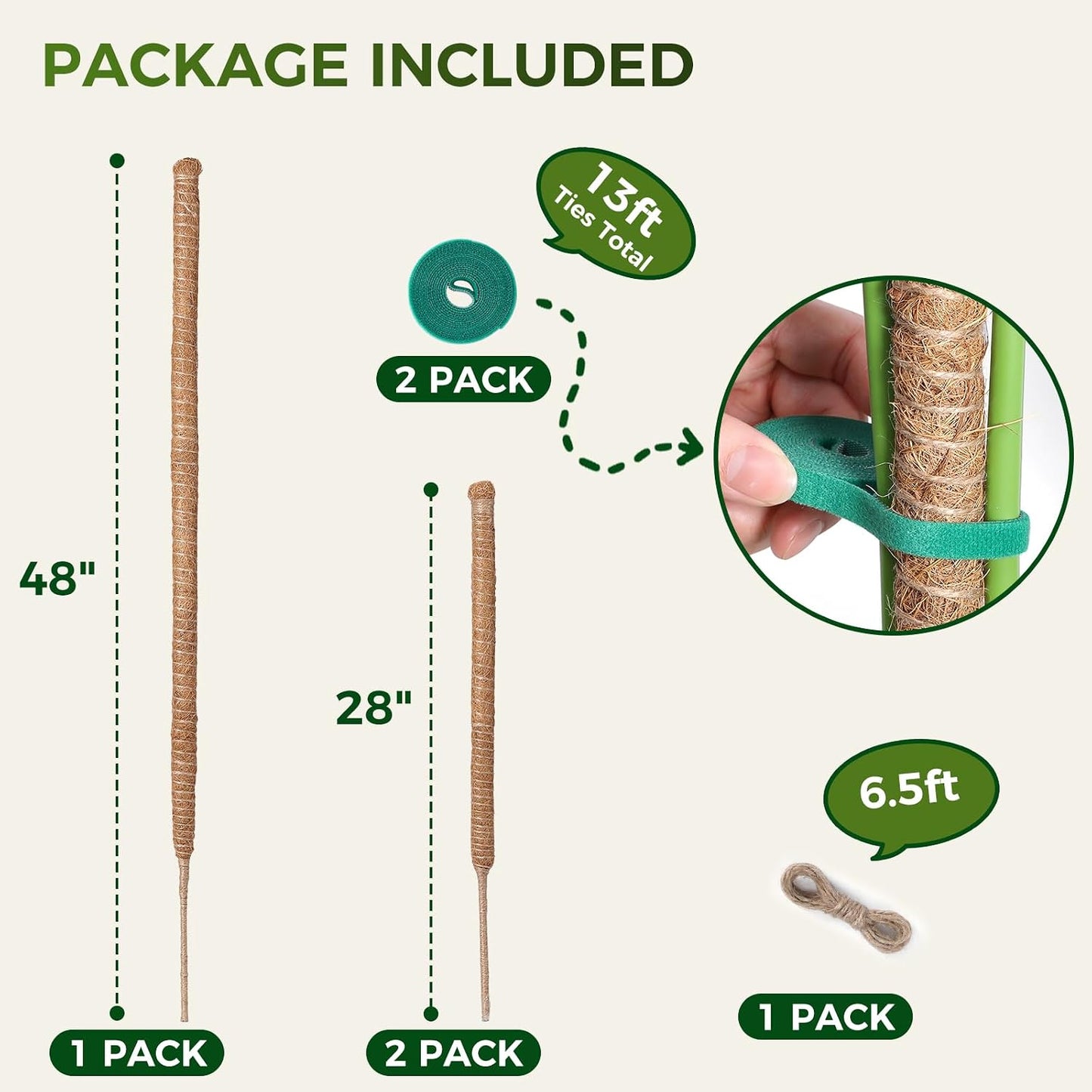 4 Pack Moss Pole Monstera Plant Support, 2 Pack 28" & 2 Pack 48" Bendable Plant Stakes Made of Real Coco Coir Support for Climbing Indoor Plants, Tall Moss Stick Trellis for Potted Climbers