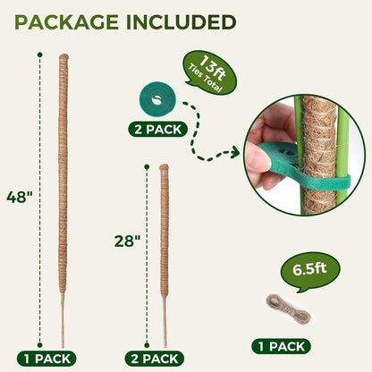 4 Pack Moss Pole Monstera Plant Support, 2 Pack 28" & 2 Pack 48" Bendable Plant Stakes Made of Real Coco Coir Support for Climbing Indoor Plants, Tall Moss Stick Trellis for Potted Climbers