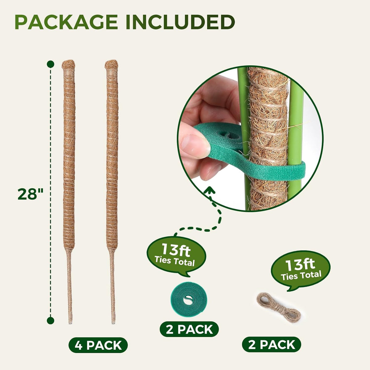 4 Pack Moss Pole Monstera Plant Support, 2 Pack 28" & 2 Pack 48" Bendable Plant Stakes Made of Real Coco Coir Support for Climbing Indoor Plants, Tall Moss Stick Trellis for Potted Climbers