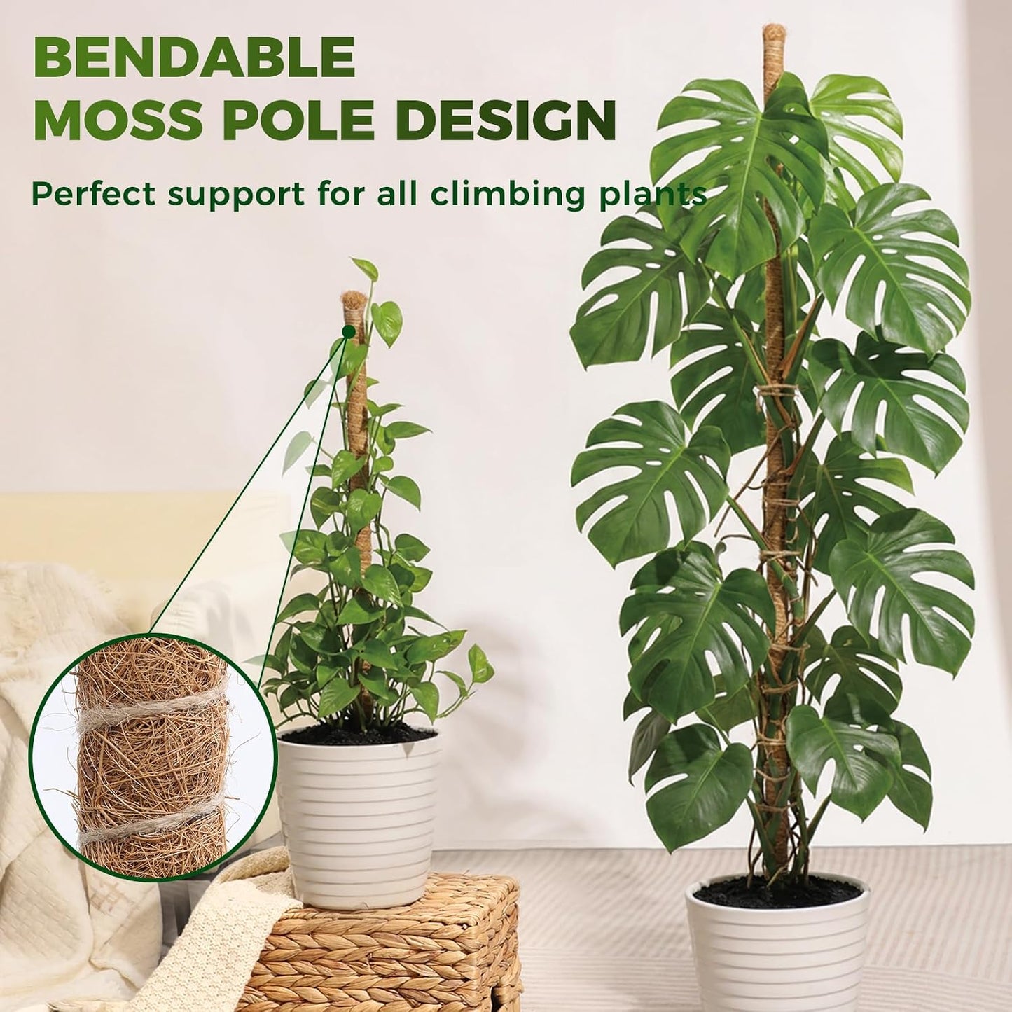 4 Pack Moss Pole Monstera Plant Support, 2 Pack 28" & 2 Pack 48" Bendable Plant Stakes Made of Real Coco Coir Support for Climbing Indoor Plants, Tall Moss Stick Trellis for Potted Climbers