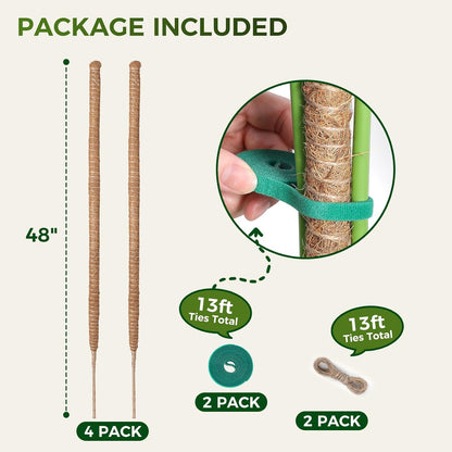 4 Pack Moss Pole Monstera Plant Support, 2 Pack 28" & 2 Pack 48" Bendable Plant Stakes Made of Real Coco Coir Support for Climbing Indoor Plants, Tall Moss Stick Trellis for Potted Climbers