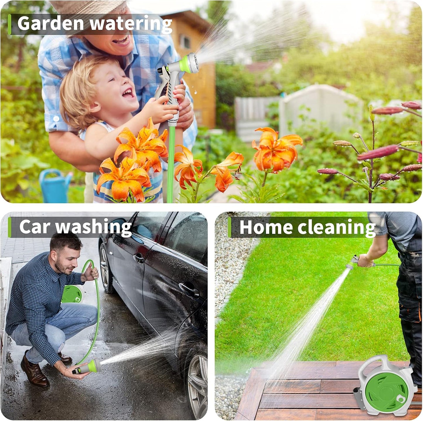 Garden Retractable Hose Reel, Portable Simple Home Hose Reel 45+5 FT with 7 Patterns Spray Nozzle, Wall Mounted and Any Length Lock for Garden Watering, Car Washing, Pet (Green)