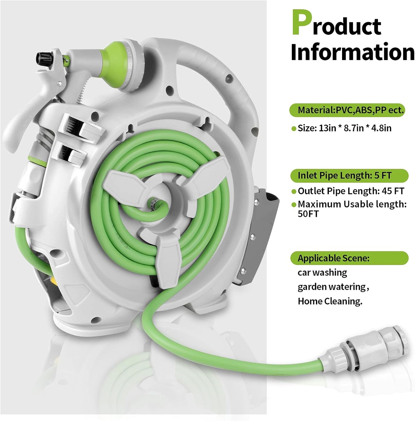 Garden Retractable Hose Reel, Portable Simple Home Hose Reel 45+5 FT with 7 Patterns Spray Nozzle, Wall Mounted and Any Length Lock for Garden Watering, Car Washing, Pet (Green)