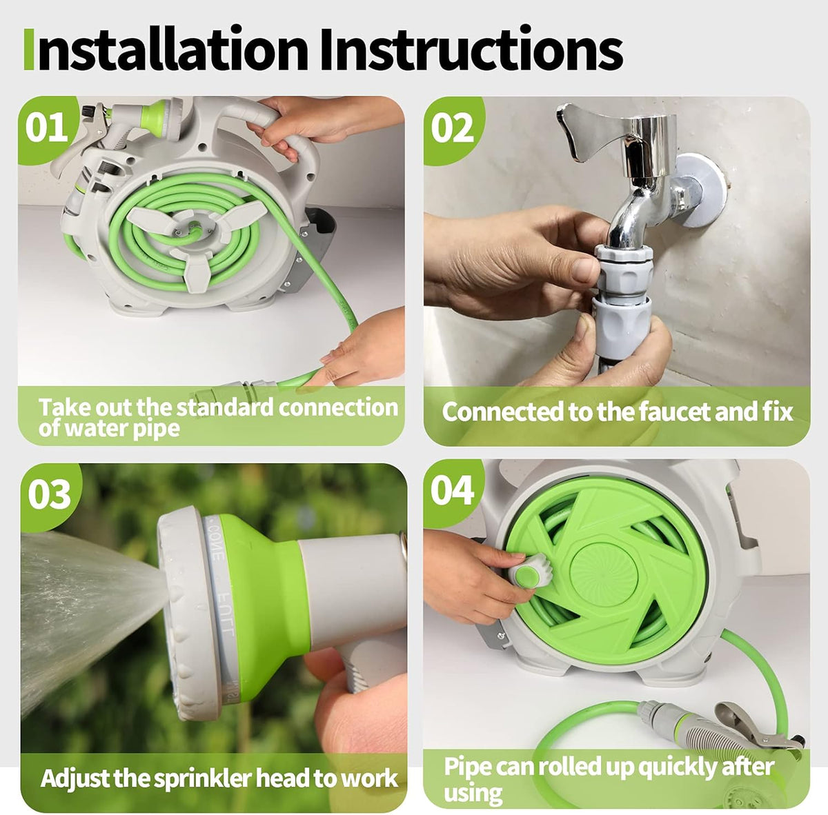 Garden Retractable Hose Reel, Portable Simple Home Hose Reel 45+5 FT with 7 Patterns Spray Nozzle, Wall Mounted and Any Length Lock for Garden Watering, Car Washing, Pet (Green)