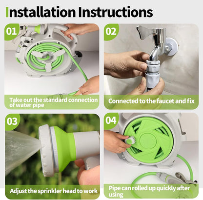 Garden Retractable Hose Reel, Portable Simple Home Hose Reel 45+5 FT with 7 Patterns Spray Nozzle, Wall Mounted and Any Length Lock for Garden Watering, Car Washing, Pet (Green)