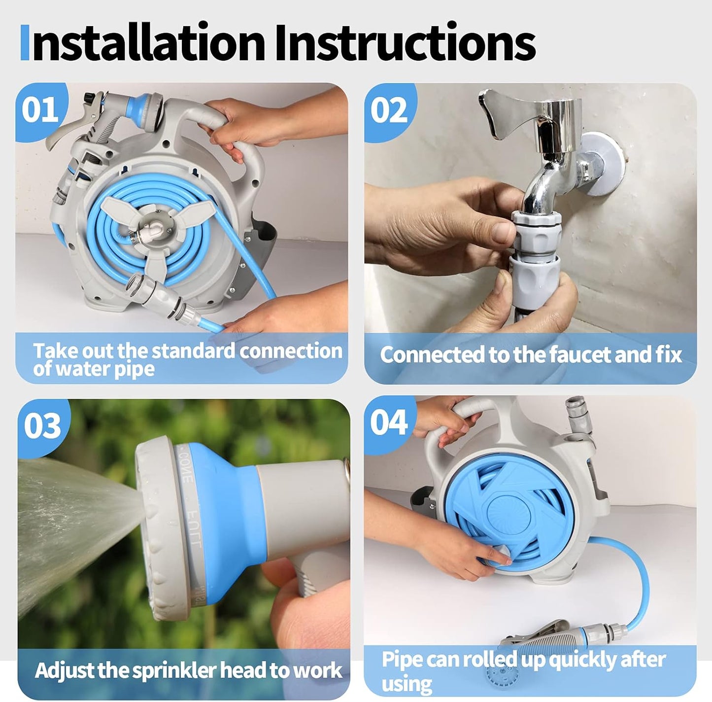Garden Retractable Hose Reel, Portable Simple Home Hose Reel 45+5 FT with 7 Patterns Spray Nozzle, Wall Mounted and Any Length Lock for Garden Watering, Car Washing, Pet (Green)