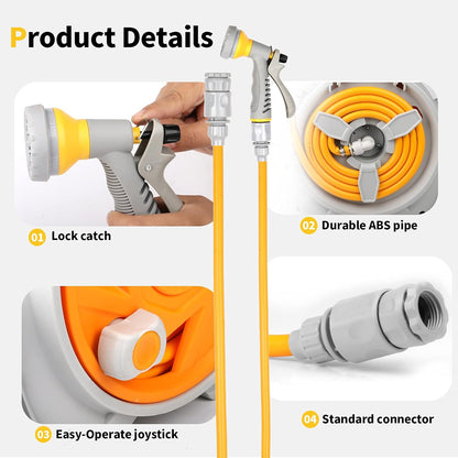 Garden Retractable Hose Reel, Portable Simple Home Hose Reel 45+5 FT with 7 Patterns Spray Nozzle, Wall Mounted and Any Length Lock for Garden Watering, Car Washing, Pet (Green)