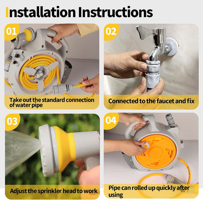Garden Retractable Hose Reel, Portable Simple Home Hose Reel 45+5 FT with 7 Patterns Spray Nozzle, Wall Mounted and Any Length Lock for Garden Watering, Car Washing, Pet (Green)
