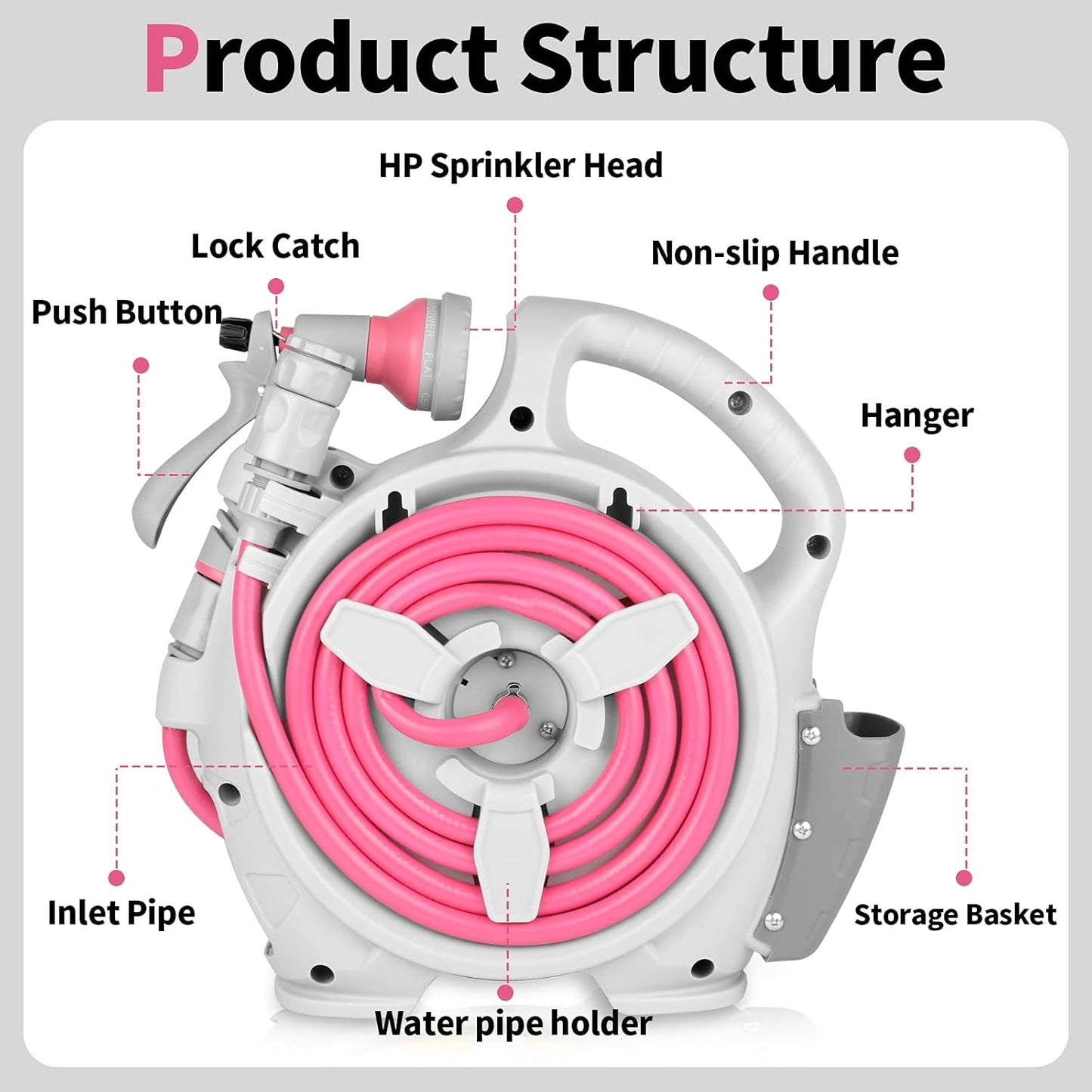 Garden Retractable Hose Reel, Portable Simple Home Hose Reel 45+5 FT with 7 Patterns Spray Nozzle, Wall Mounted and Any Length Lock for Garden Watering, Car Washing, Pet (Green)