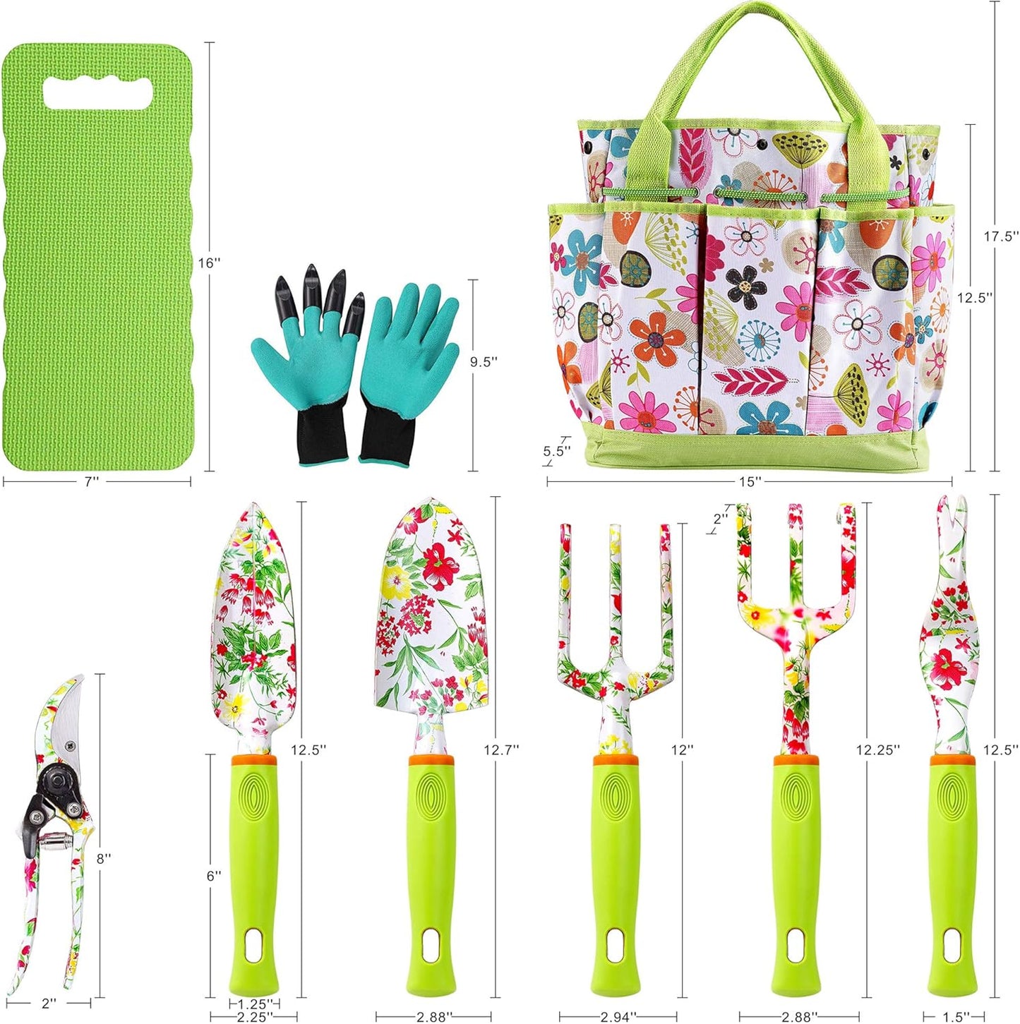 Garden Tool Set,Cute Gardening Gifts for Women,Birthday Gifts for Mom,Heavy Duty Tool Kit with Gloves,Garden Tote,Kneeling Pad,Hand Pruner,Trowel,Hand Rake,Weeder,Fork,Transplanter,Multicolor