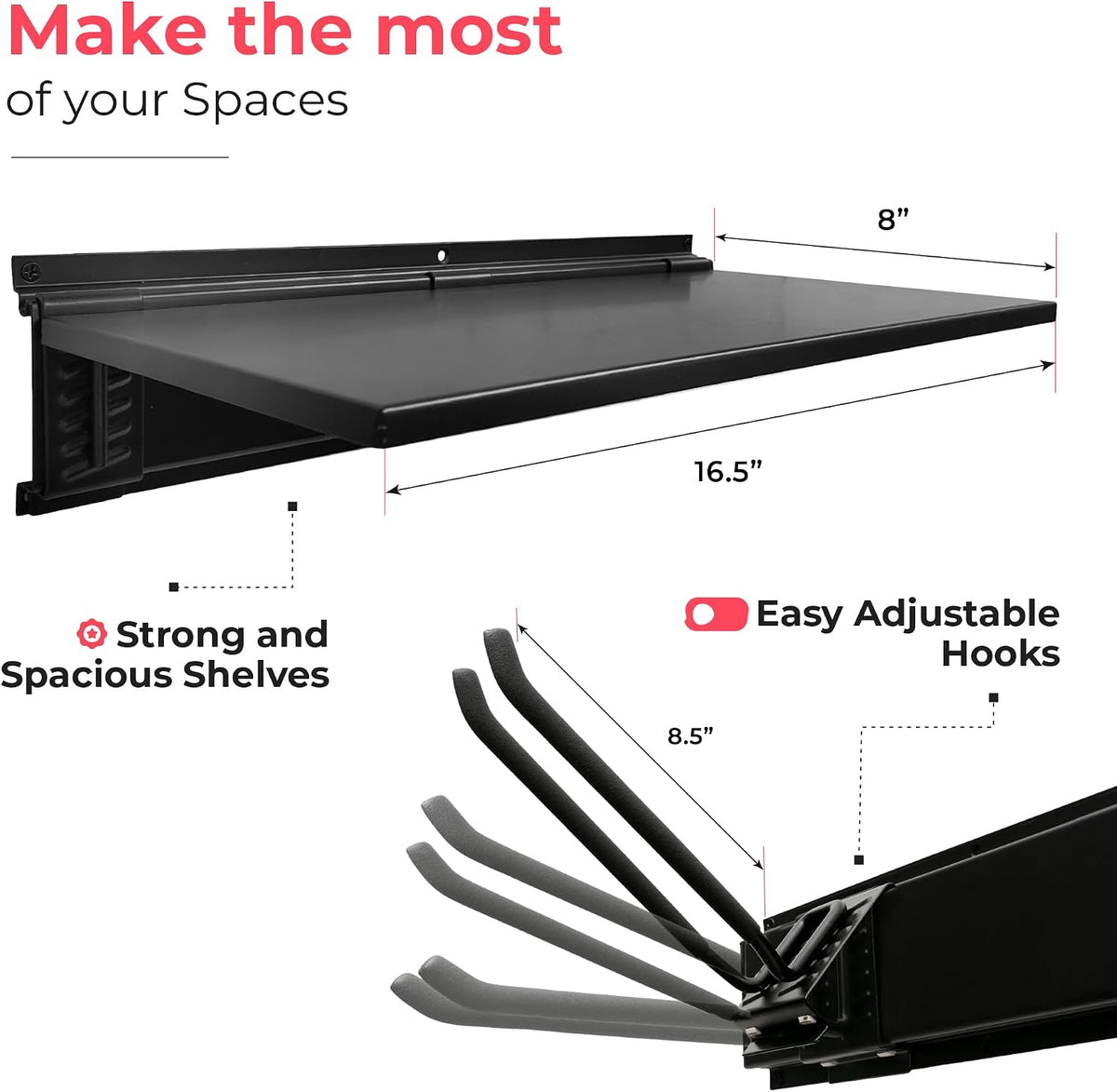 Garage Tool Organizer Wall Mount - 48 inches - Sturdy Storage Rack with Adjustable Hooks, Anti-Rust - Easy Installation, 300lbs Capacity - Garden Tool Organizer (03 Racks & 06 Hooks)